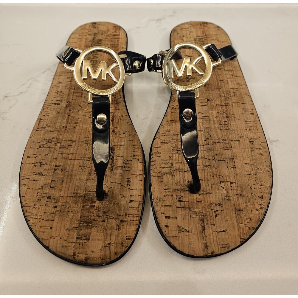 MICHAEL Michael Kors Charm Jelly Sandals Navy Gold Logo Cork Flip Flops Size 7